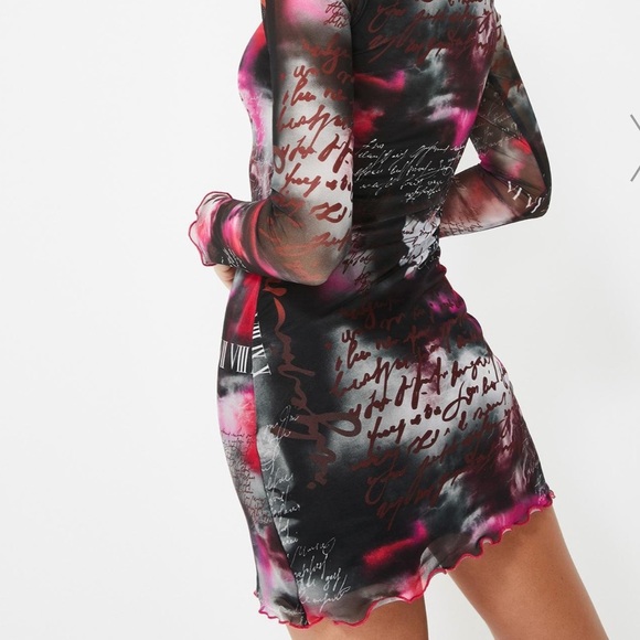 Smokey Script Printed long sleeve Mesh Mini Dress - Picture 3 of 4